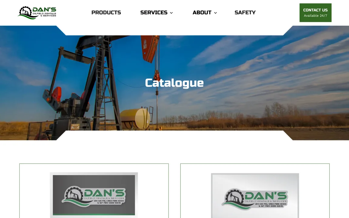 Catalogue page with a photo of a pump jack and two catalog covers carrying the Dan's Oilfield Rentals & Services logo.