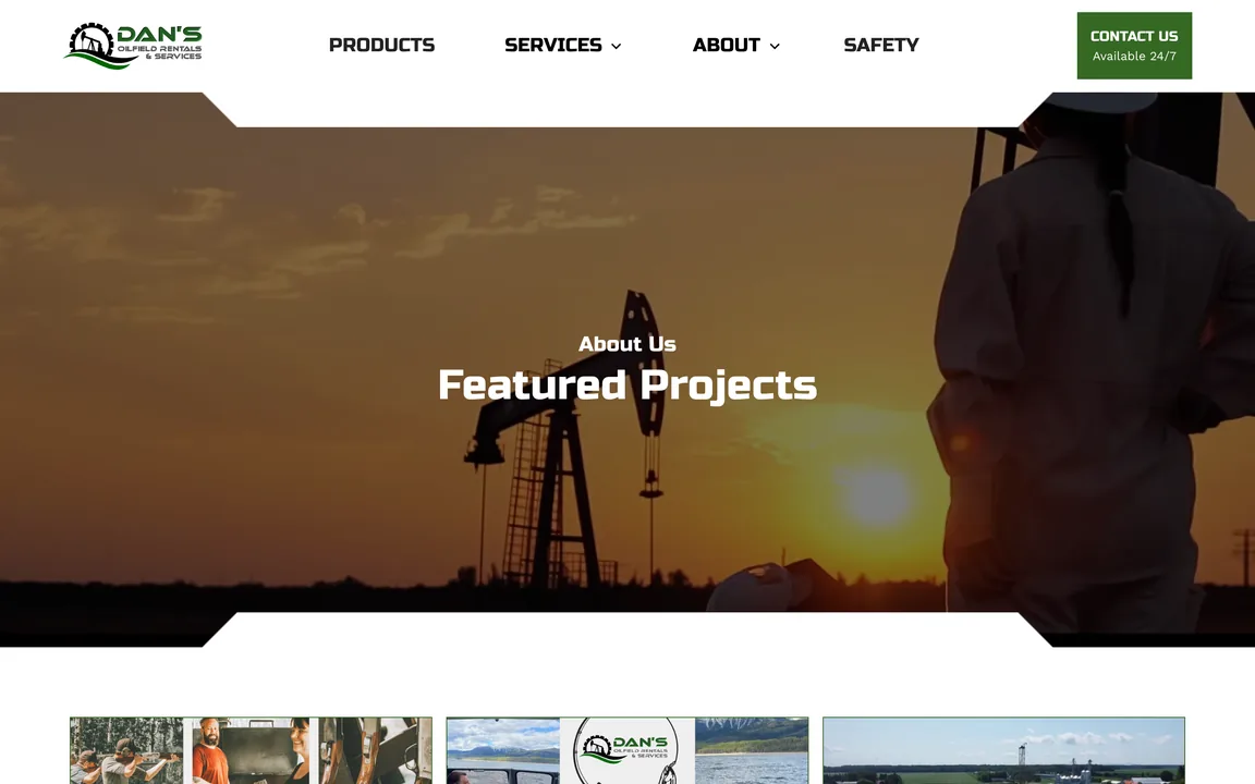 Featured Projects page with a sunset photo of a pump jack and a worker, above a row of project photo cards.