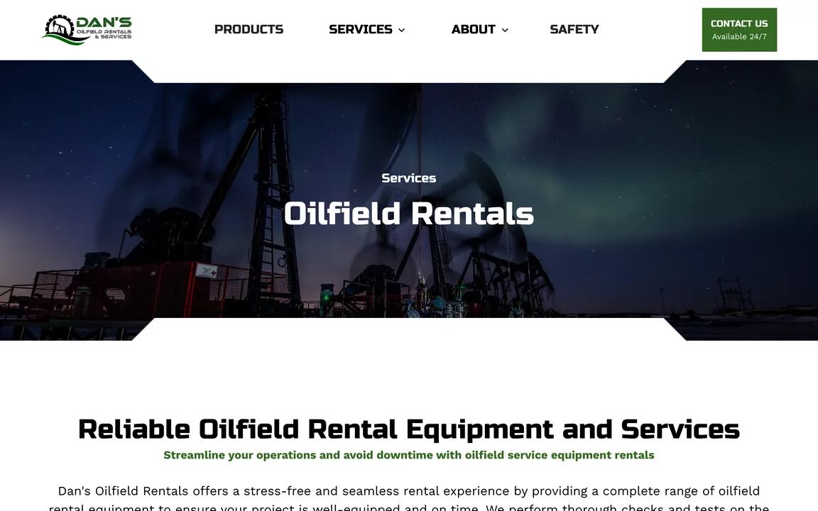 Oilfield Rentals page with a night photo of pump jacks and the heading Reliable Oilfield Rental Equipment and Services.