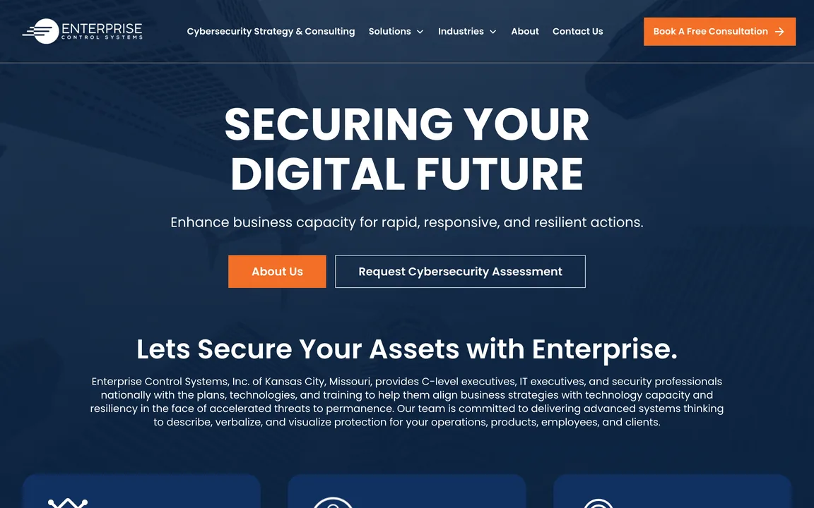 Enterprise Control Systems homepage with the headline Securing Your Digital Future, About Us and Request Cybersecurity Assessment buttons, and a Book A Free Consultation button in the header.