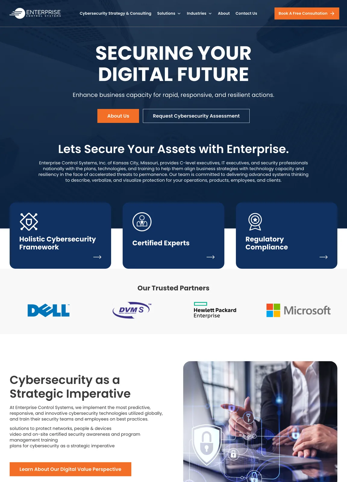 The Enterprise Control Systems homepage from top to bottom: hero, company overview, framework highlights, partner logos, the strategy section, product spotlight, industries, newsletter sign-up and blog.