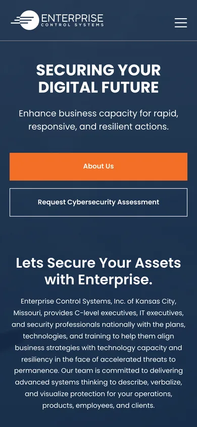 Enterprise Control Systems homepage on a phone with the logo, a menu button and the Securing Your Digital Future headline.