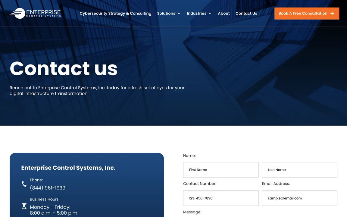 Contact page with the phone number and business hours beside the start of a form for name, contact number, email and message.