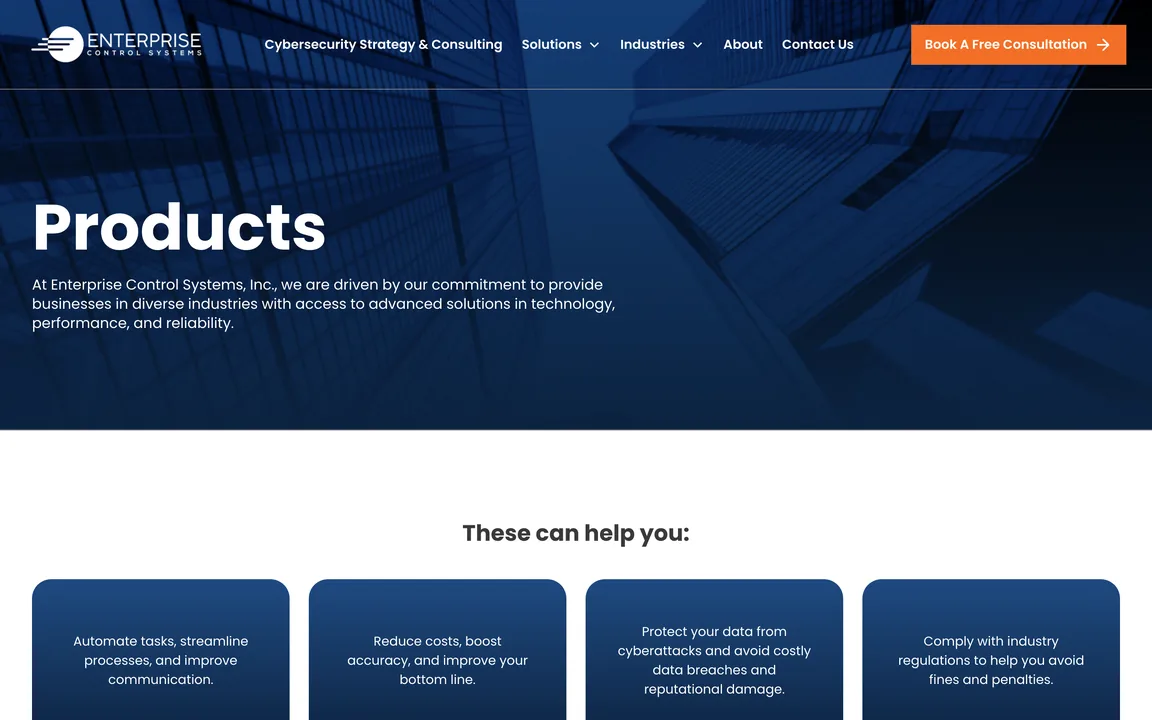 Products page header with four cards describing what the solutions help with.