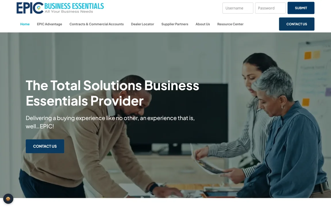 Homepage hero reading The Total Solutions Business Essentials Provider over a video of people at work, with a dealer login box in the header.