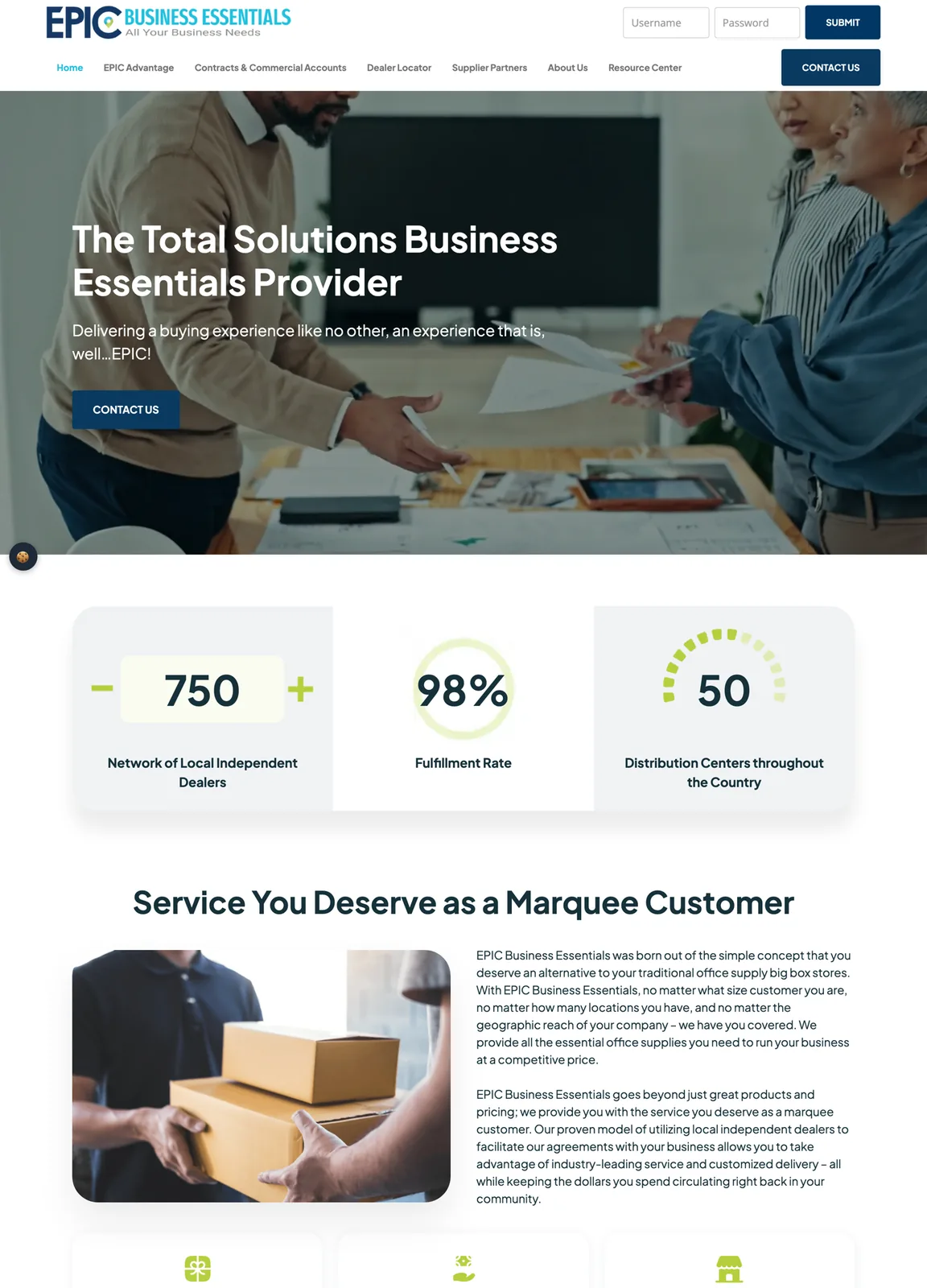 Long view of the homepage with three figure boxes, a section on service, cards for customers, dealers and suppliers, a grid of product categories and supplier logos.