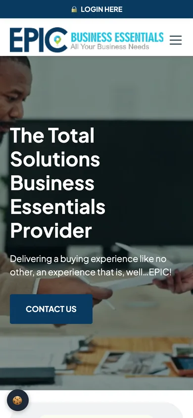 Mobile view with a Login Here bar, the EPIC logo, a menu button and the headline The Total Solutions Business Essentials Provider.