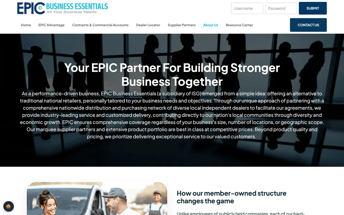 About page headed Your EPIC Partner For Building Stronger Business Together, with a paragraph about the company over a dark office photo.