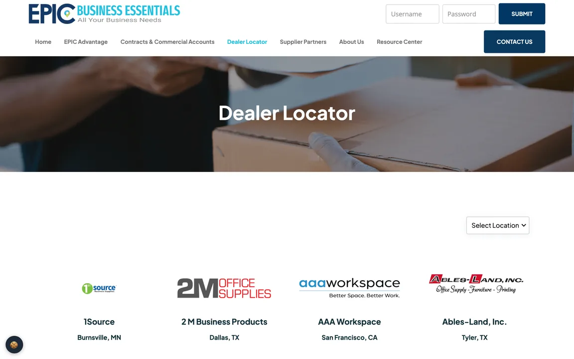 Dealer Locator page with a Select Location menu and a row of dealer logos with their cities.