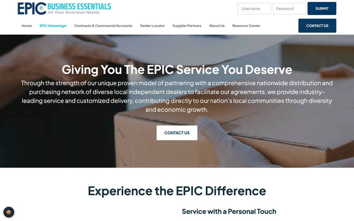 Page headed Giving You The EPIC Service You Deserve over a photo of a package being handed over, with a Contact Us button.