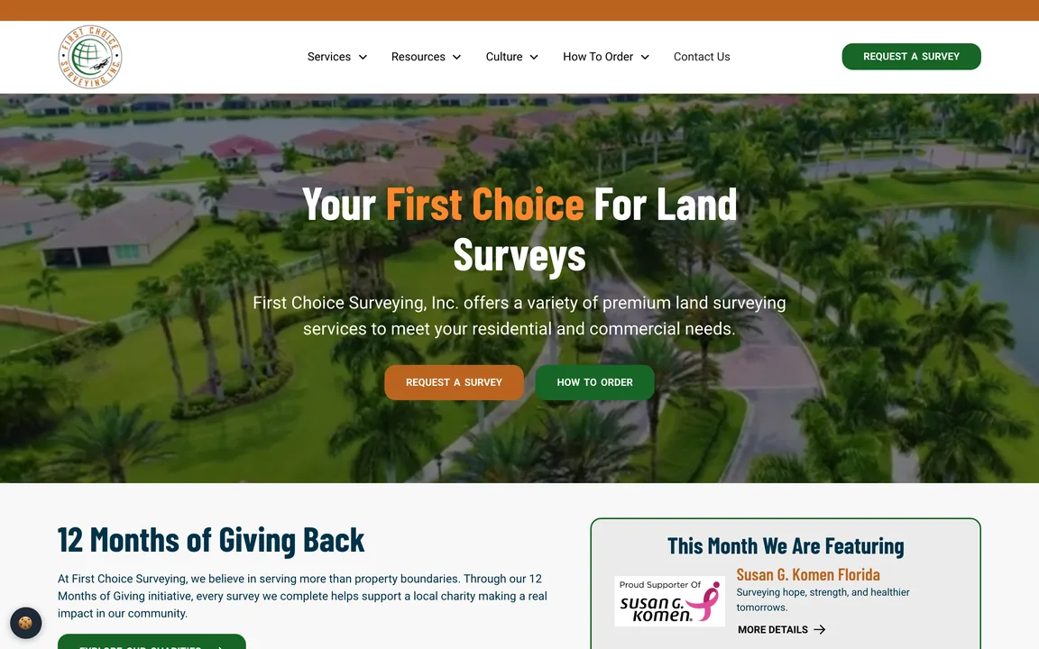 First Choice Surveying homepage with the headline 'Your First Choice For Land Surveys' over an aerial photo of a Florida neighborhood, and 'Request a Survey' and 'How to Order' buttons.