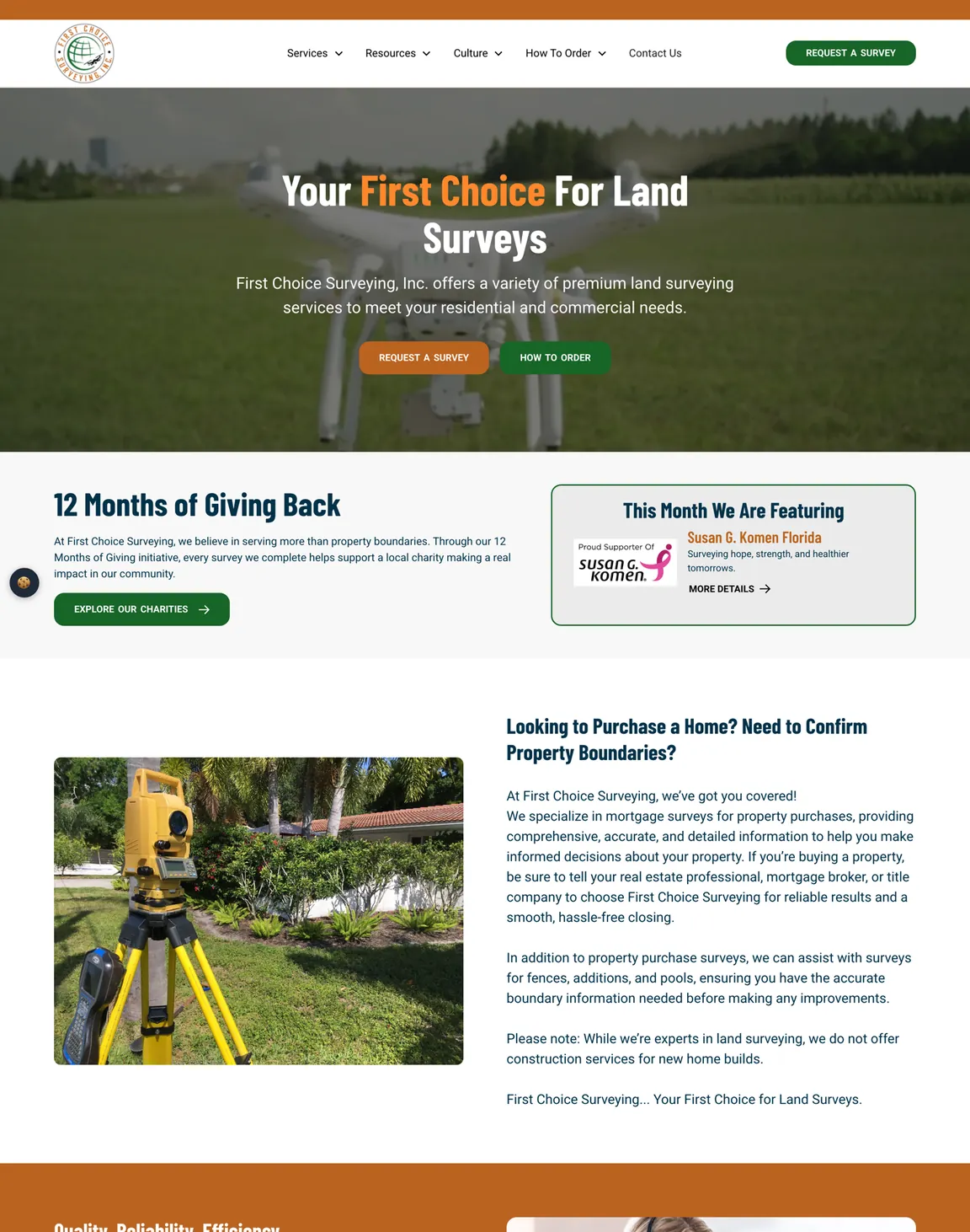 The First Choice Surveying homepage from the hero and the giving program down to the services, help and blog sections.