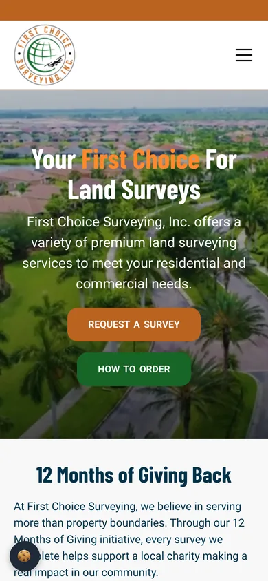 First Choice Surveying homepage on a 390-pixel-wide phone screen, with the headline and the 'Request a Survey' and 'How to Order' buttons stacked.