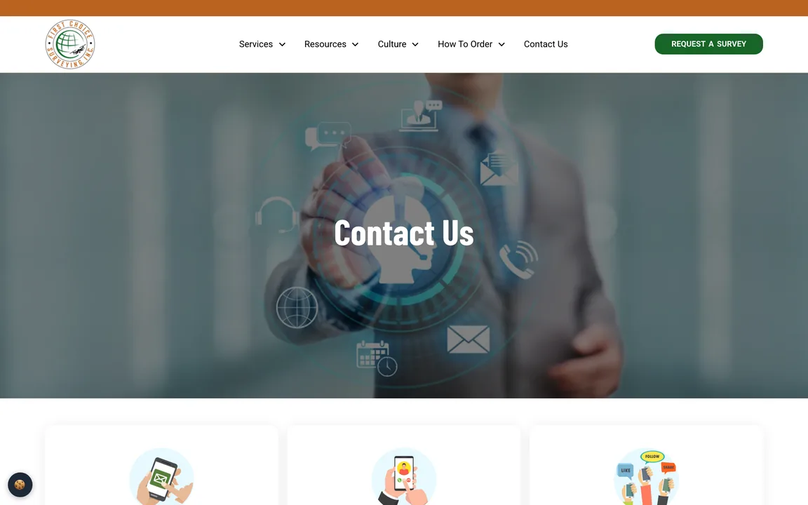 First Choice Surveying contact page headed 'Contact Us', with cards for email, phone and social media above the contact form.