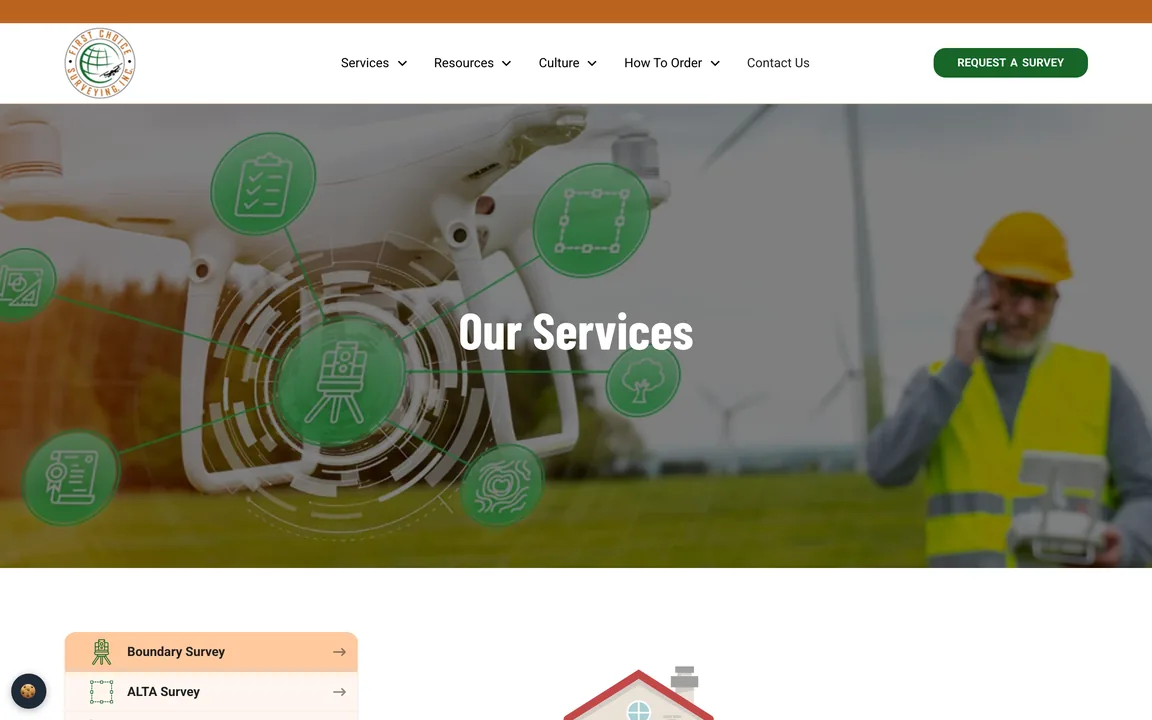 Services page headed 'Our Services' with a list that starts with Boundary Survey and ALTA Survey.