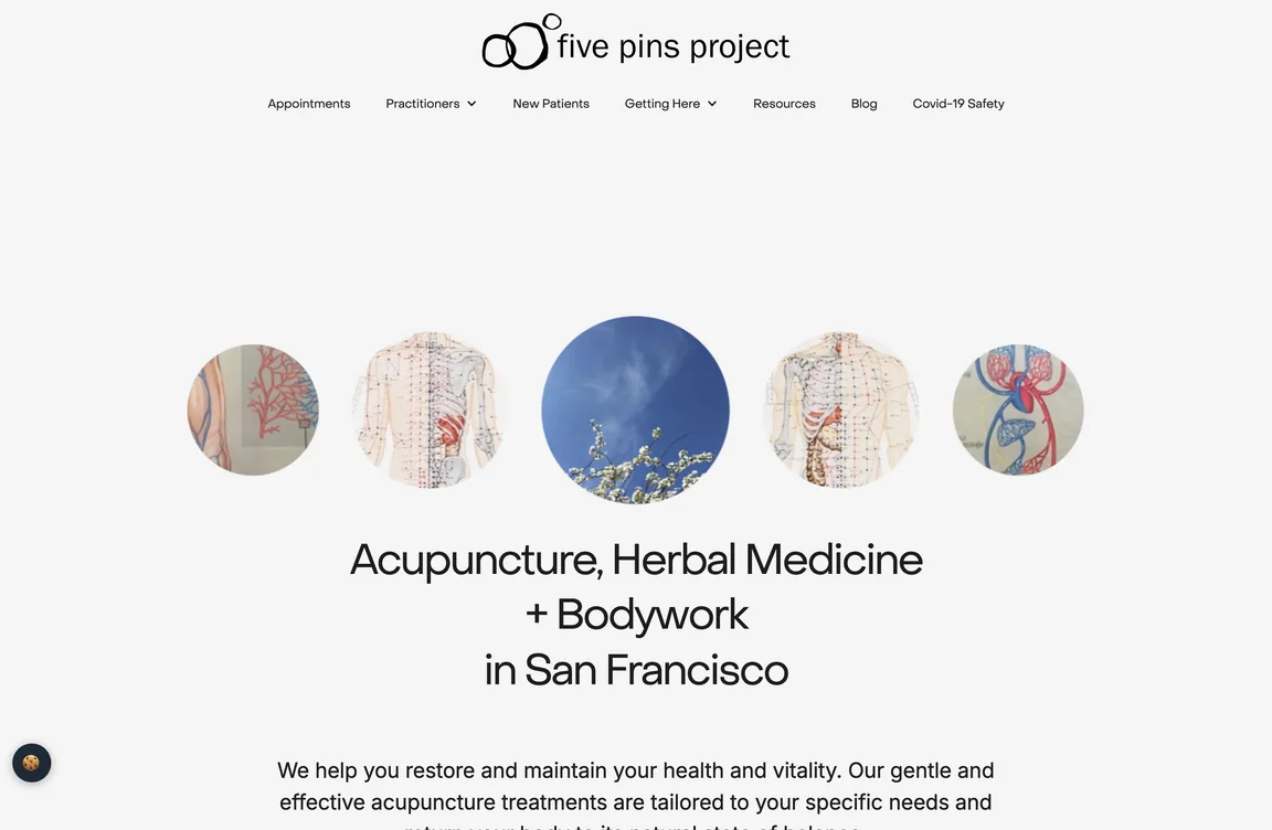The Five Pins Project homepage from the hero with the headline Acupuncture, Herbal Medicine + Bodywork in San Francisco down to the Ways We Can Support You section.