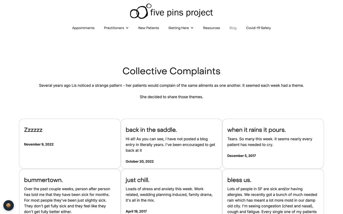 Collective Complaints blog page with an introduction and a grid of dated posts.