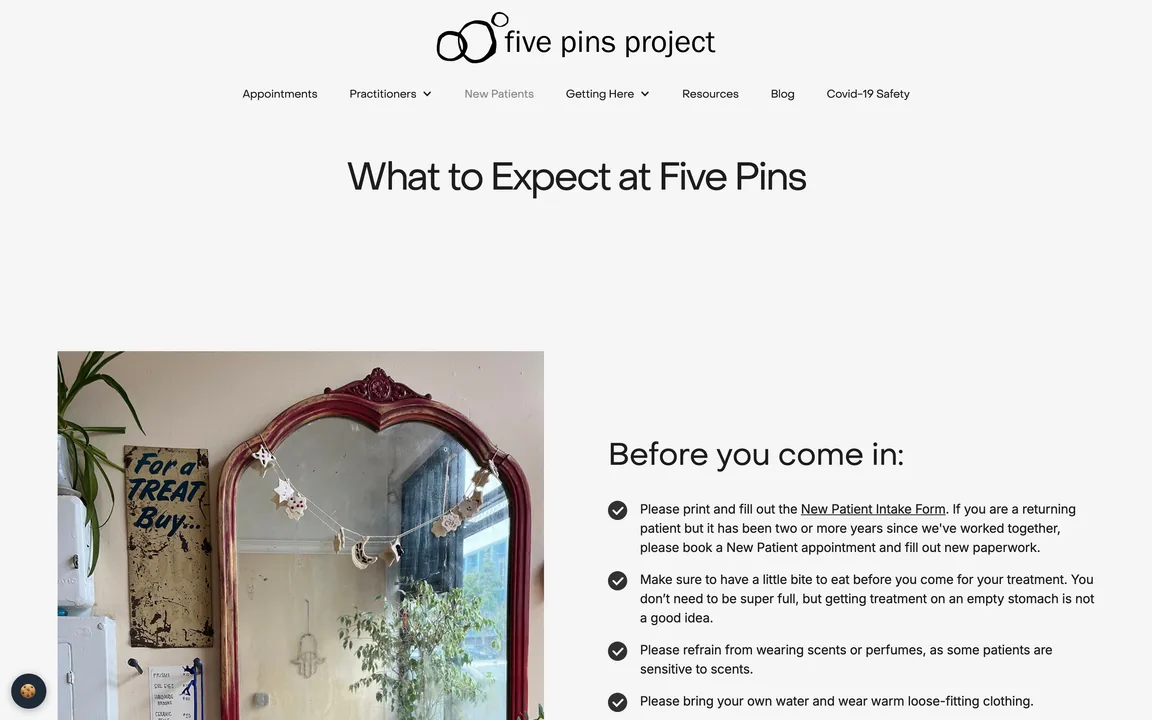 What to Expect at Five Pins page with a photo of a vintage mirror in the studio and a Before you come in checklist.
