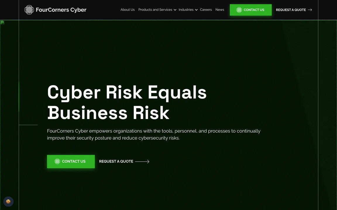 FourCorners Cyber homepage with the headline "Cyber Risk Equals Business Risk" on a dark green background and Contact Us and Request a Quote buttons