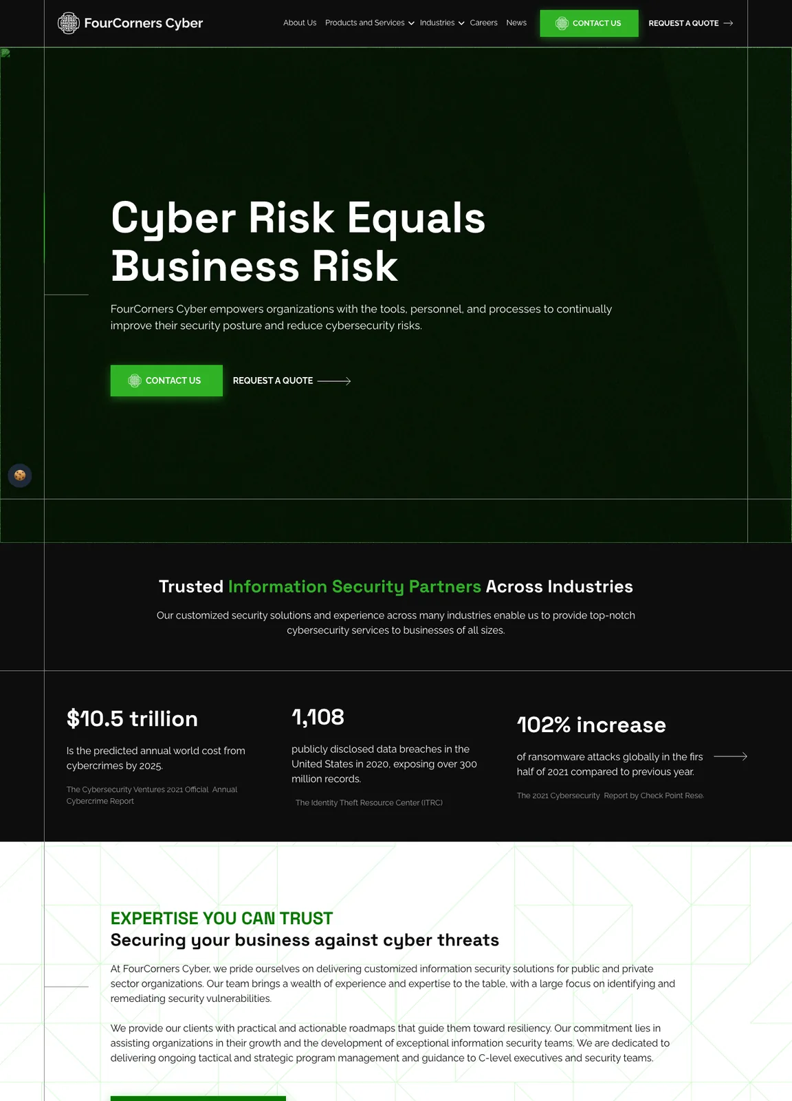 Full FourCorners Cyber homepage: industry statistics, the FourCyber program steps, and service cards