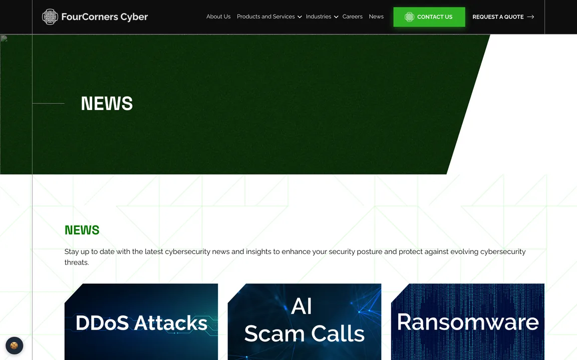 FourCorners Cyber News page with threat awareness article cards