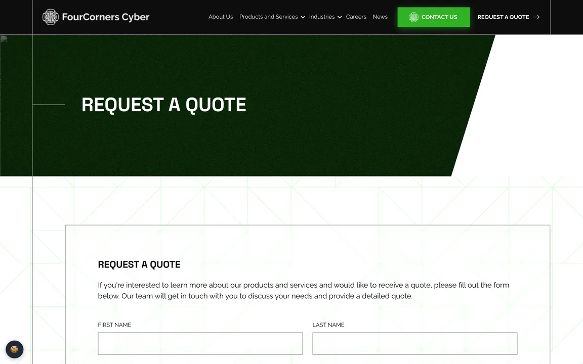 FourCorners Cyber Request a Quote page with the start of the quote form
