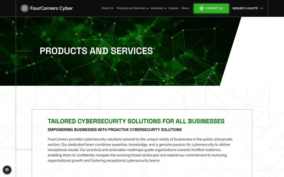 FourCorners Cyber Products and Services page headed "Tailored Cybersecurity Solutions for All Businesses"