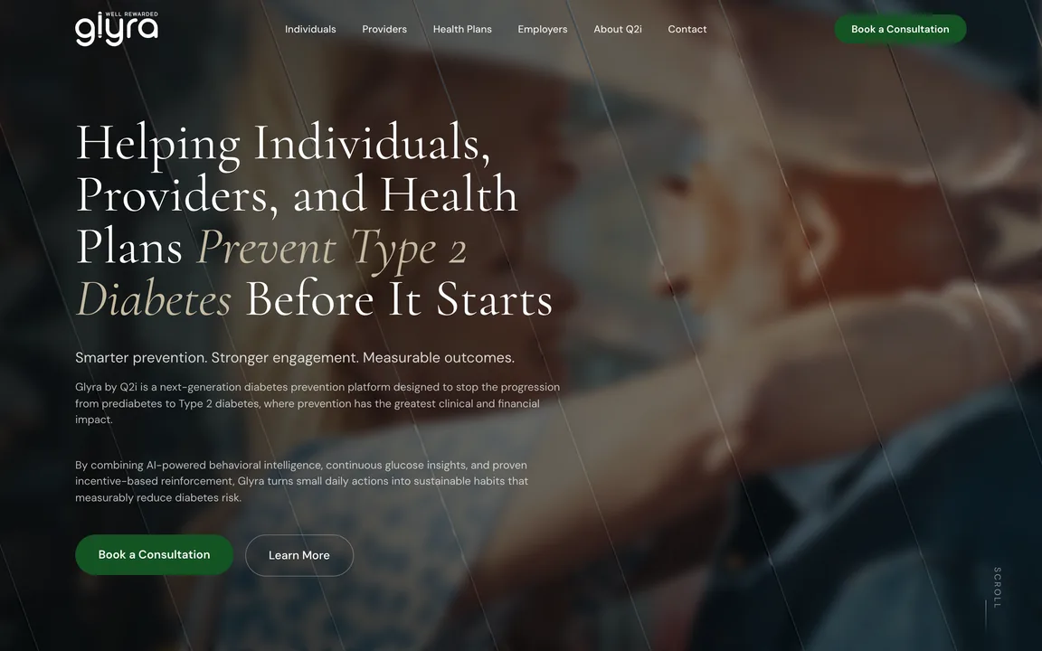 Glyra homepage with the headline Helping Individuals, Providers, and Health Plans Prevent Type 2 Diabetes Before It Starts over a background video.
