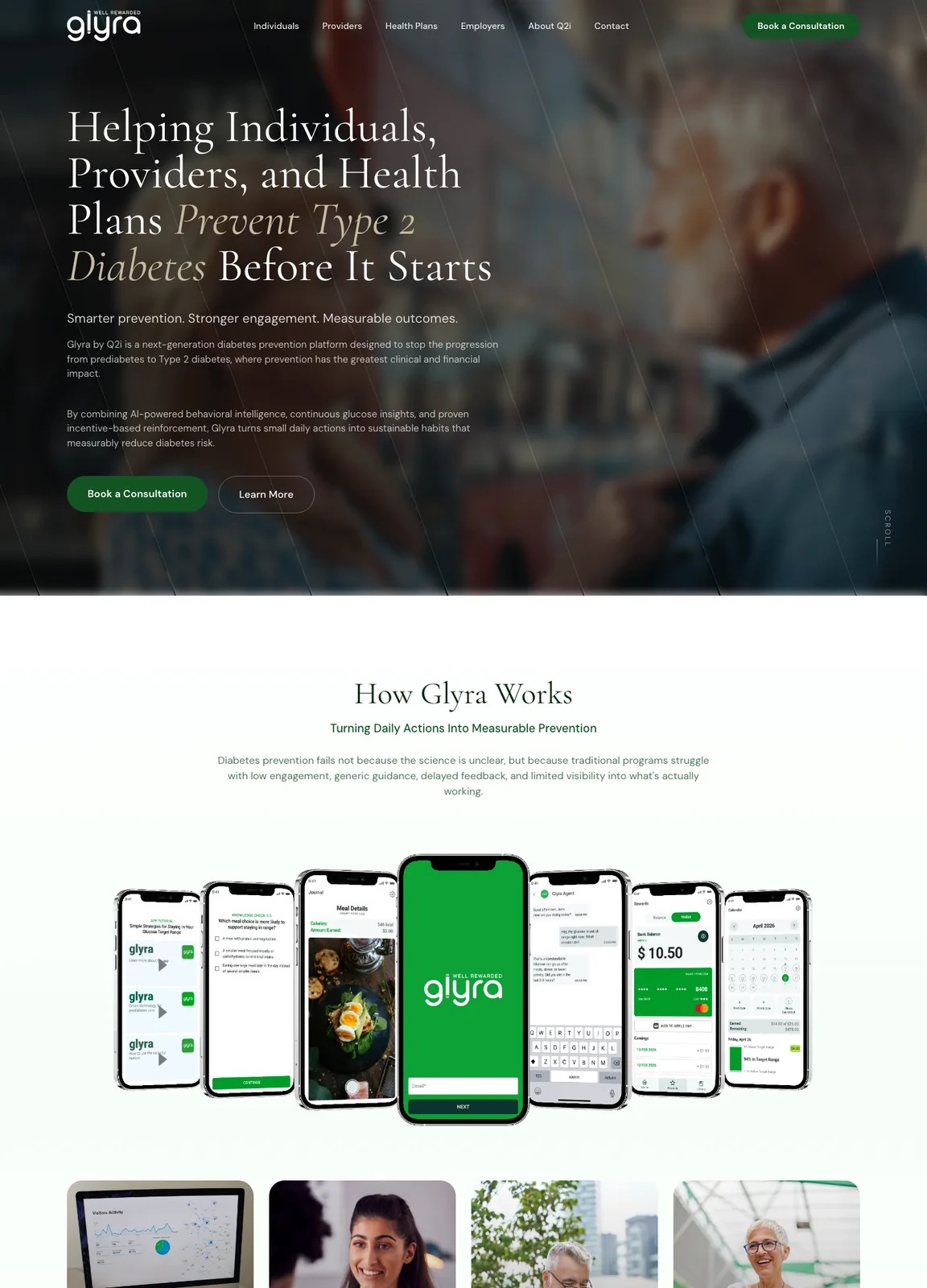 The Glyra page from top to bottom: opening section, How Glyra Works, and the sections for individuals, providers, health plans and employers.