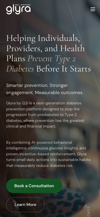 Glyra homepage on a phone with the logo, a menu button, the headline and a Book a Consultation button.