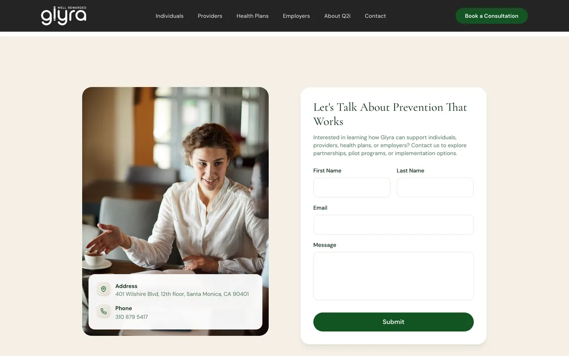 Contact section titled Let's Talk About Prevention That Works, with fields for first name, last name, email and message, beside the Santa Monica address and phone number.