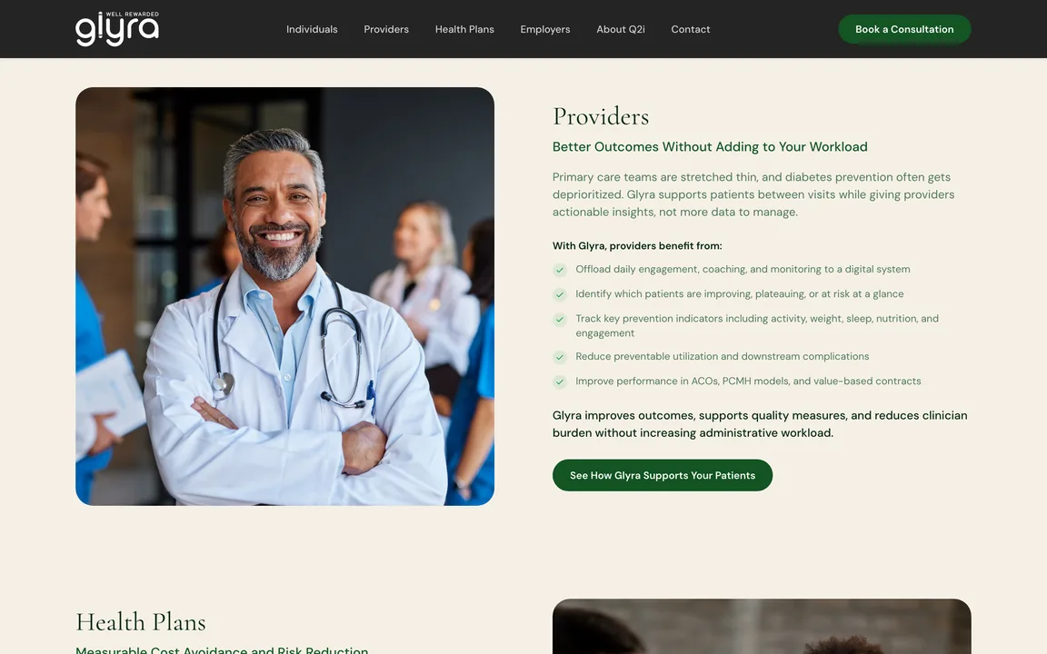 The Providers section with a photo of a clinician and a list of benefits for providers.