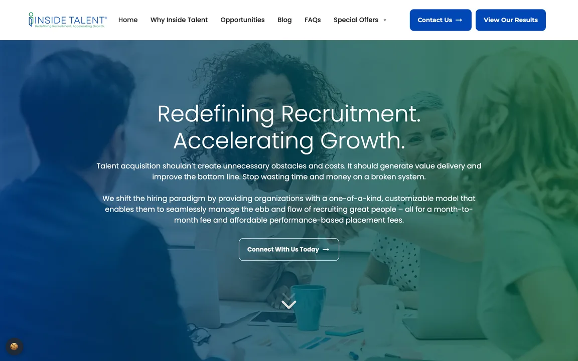 Homepage hero reading Redefining Recruitment. Accelerating Growth. over a blue-green photo of colleagues, with a Connect With Us Today button.