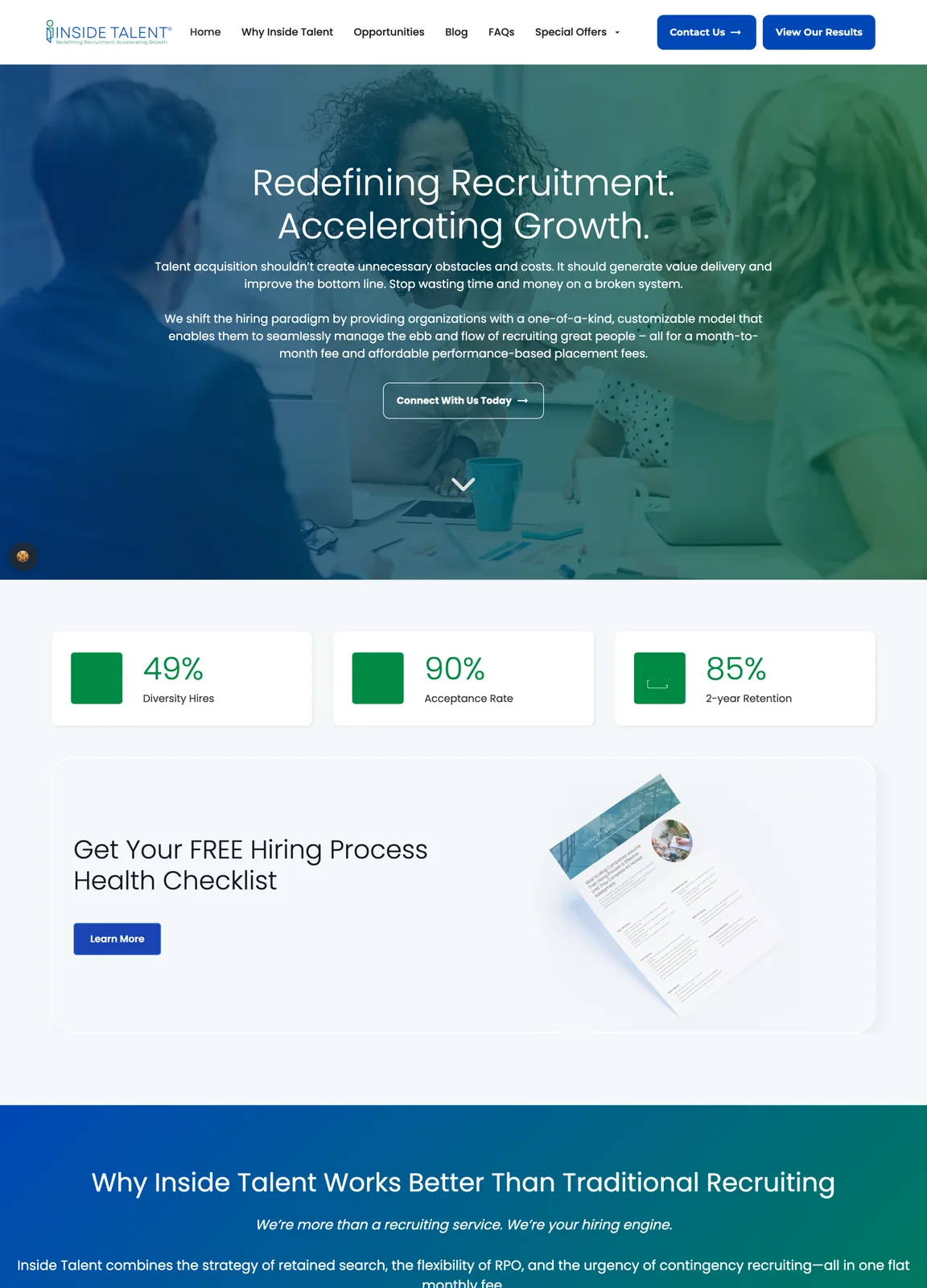 Long view of the homepage with three figure boxes, a checklist banner, four feature cards, a checklist of tasks, a logo wall, a testimonial slider blurred here and three blog cards.