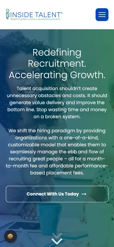Mobile view with the Inside Talent logo, a menu button and the Redefining Recruitment headline.