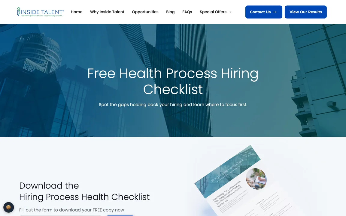 Page headed Free Health Process Hiring Checklist, with a download section and a preview of the checklist.