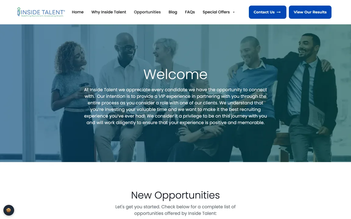 Page headed Welcome over a photo of smiling colleagues, above a New Opportunities section.