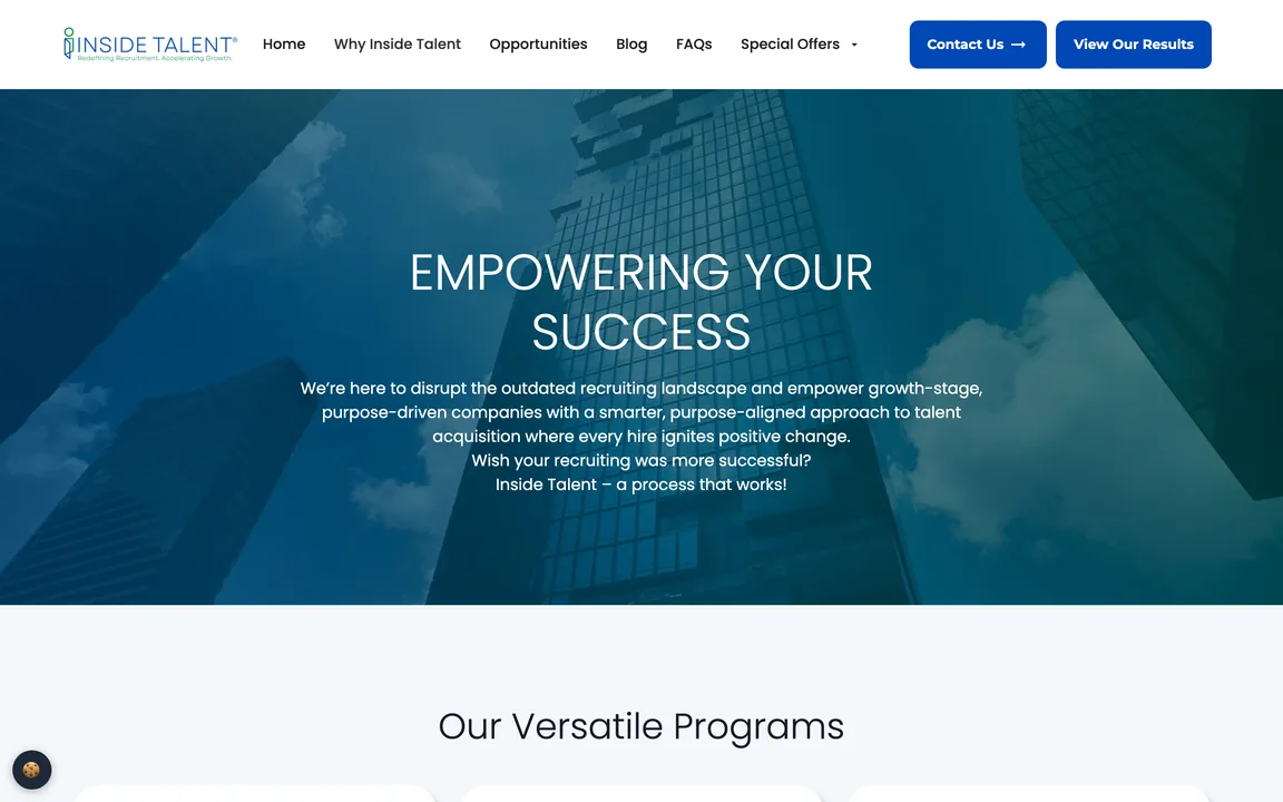Page headed Empowering Your Success over a photo of glass towers, above a section titled Our Versatile Programs.