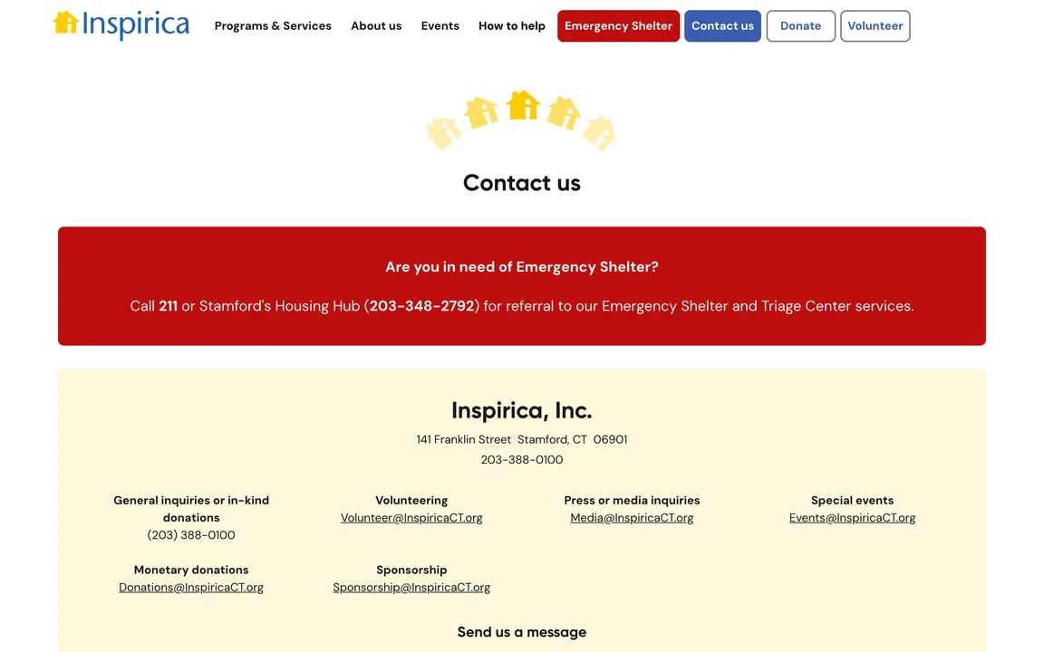 Inspirica contact page with a red box pointing people who need emergency shelter to 211 or Stamford's Housing Hub, and contacts by topic.