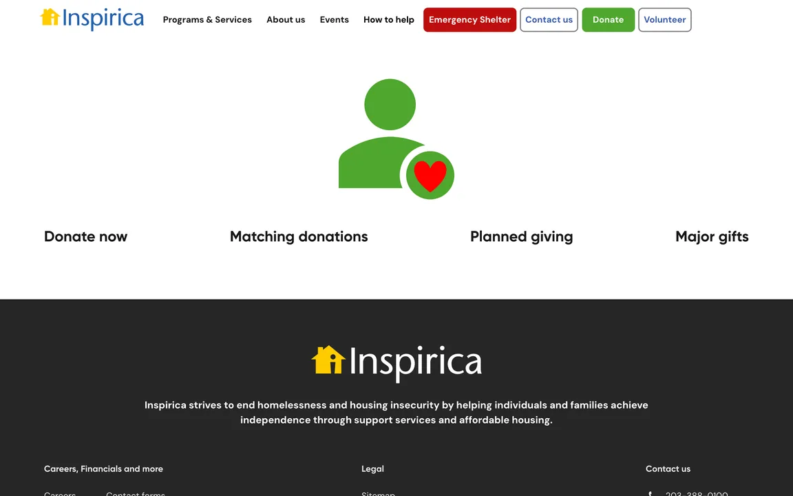 Donate page with four options: Donate now, Matching donations, Planned giving and Major gifts.