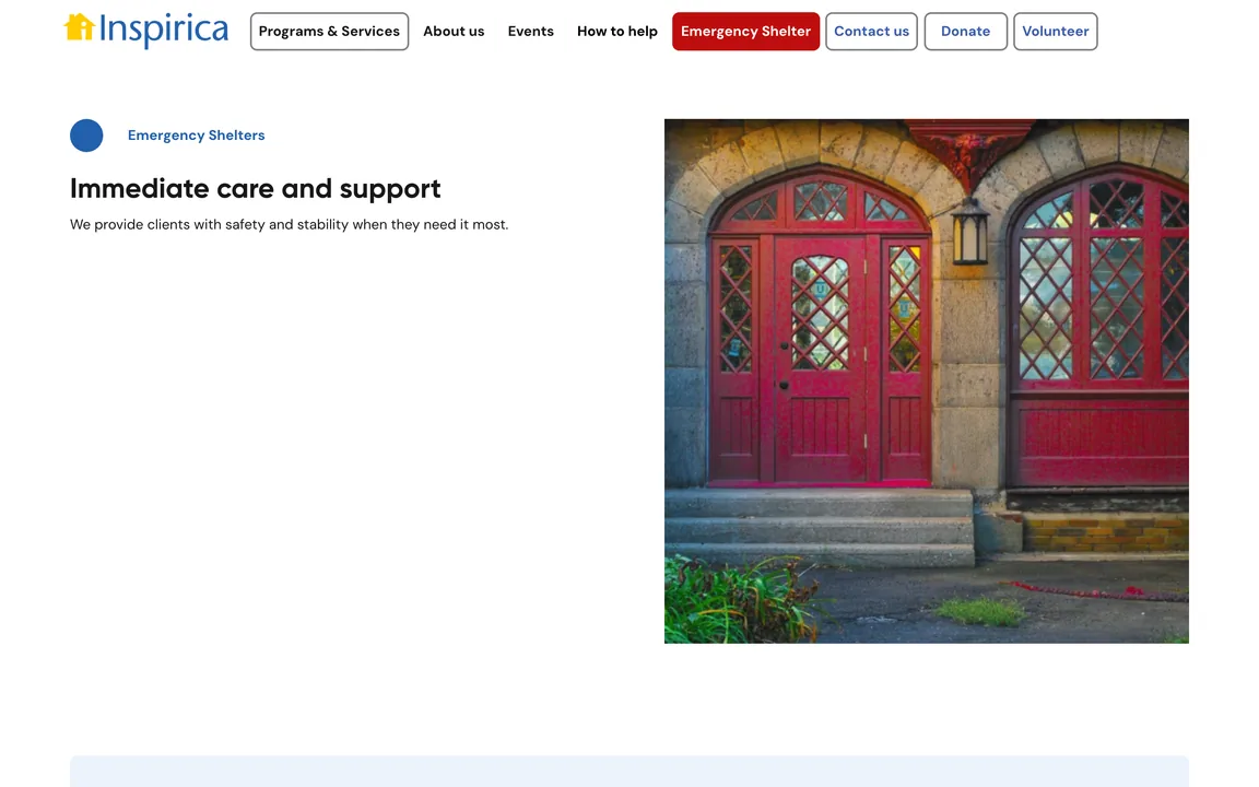Emergency Shelters page headed 'Immediate care and support' beside a photo of a red arched doorway.
