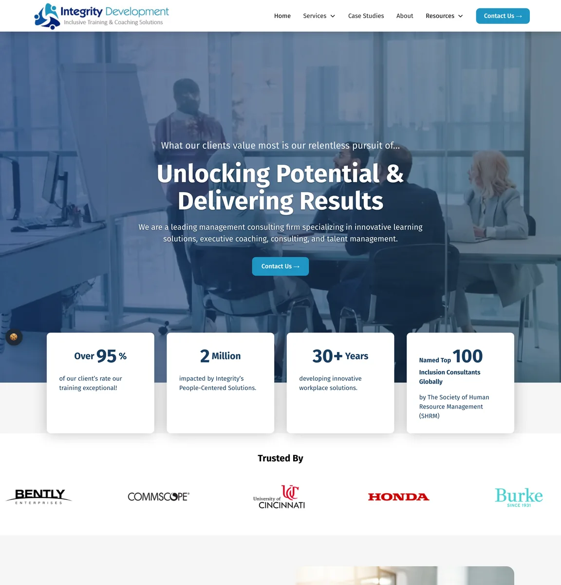 Full-length Integrity Development homepage: the hero, four highlight cards, a Trusted By logo row, What We Stand For, four service cards, a Success Stories slider blurred here and a Frequently Asked Questions list.