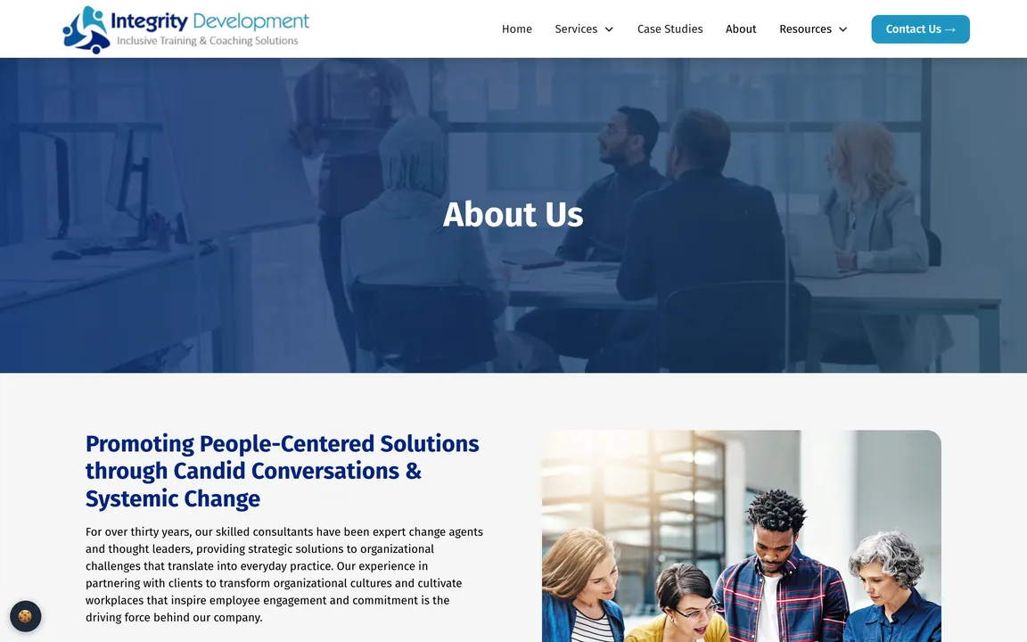 About Us page with the heading Promoting People-Centered Solutions through Candid Conversations & Systemic Change and a photo of four people working together.