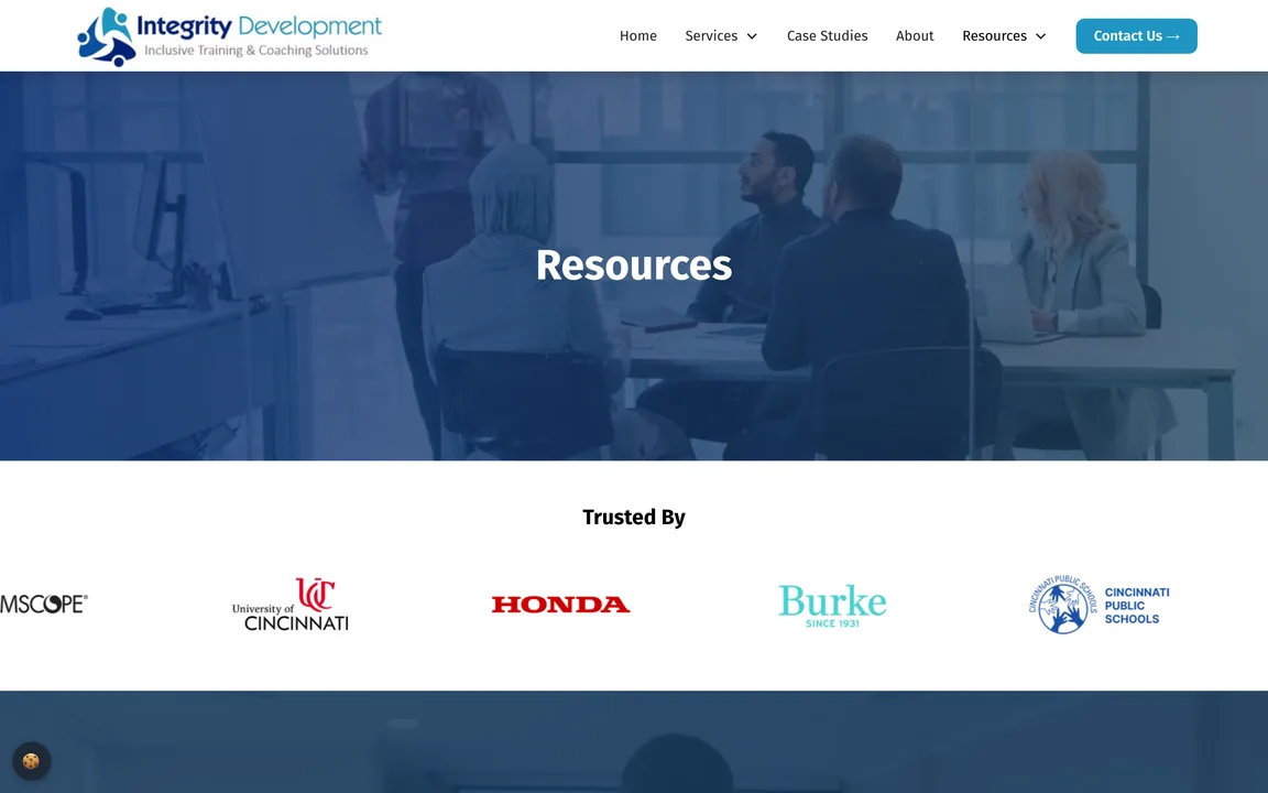 Resources page with a Trusted By row of client logos below the page title.