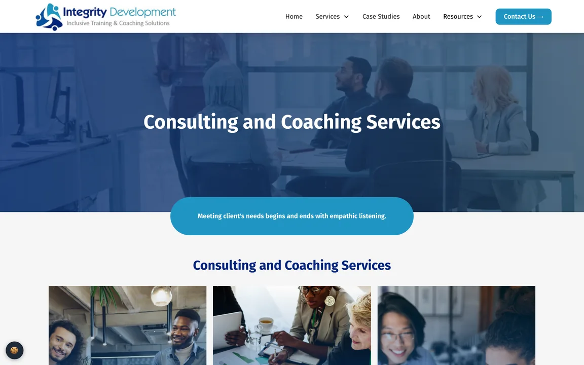 Consulting and Coaching Services page with a blue-tinted meeting photo, the line Meeting client's needs begins and ends with empathic listening, and three photo cards.