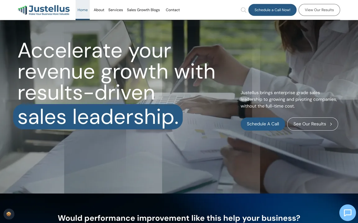 Justellus homepage with the headline "Accelerate your revenue growth with results-driven sales leadership" and Schedule A Call and See Our Results buttons