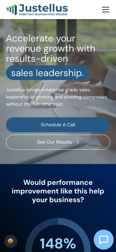 Justellus homepage on a phone with the headline and Schedule A Call and See Our Results buttons