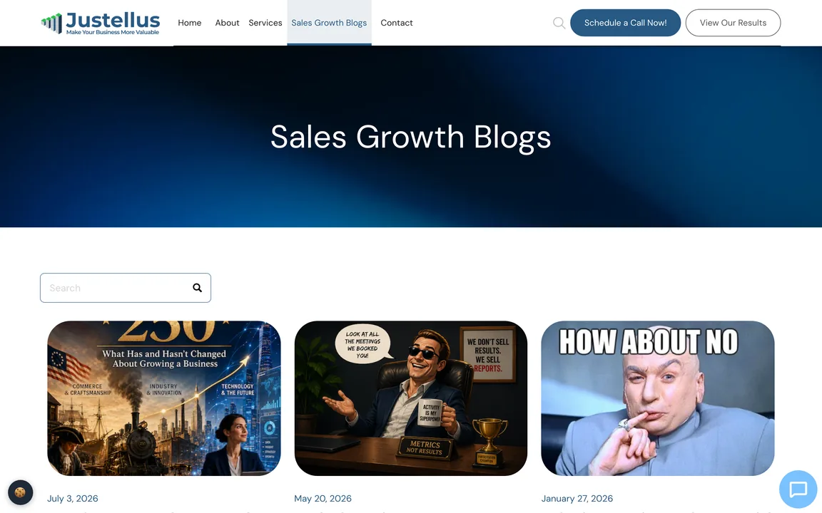 Justellus blog page with a search box and article cards