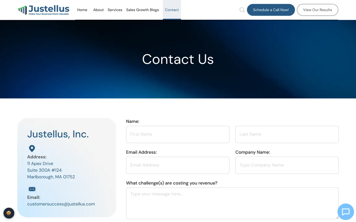 Justellus contact page with the address and a contact form