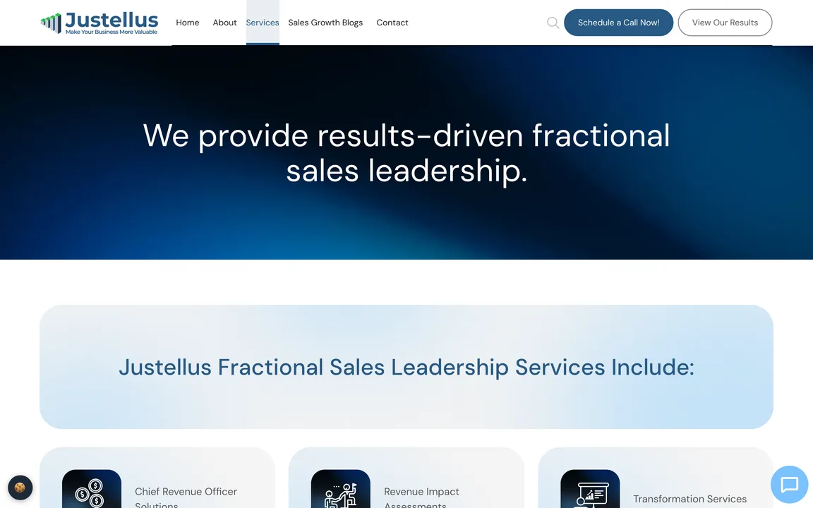 Justellus services page headed "We provide results-driven fractional sales leadership"